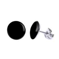 BLACK STUD EARRINGS 10mm Stainless Steel Enamel Circle Round Post Pair Solid
