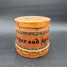 Vintage Wood Norwegian SUGAR AND SPICE Firkin Sugar Bucket Bentwood Hand painted