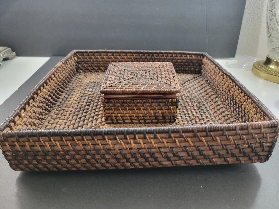 Crate & Barrel Brown Rattan Basketweave Chip & Dip Square Serving Tray 12x12x3" - Image 4 of 4