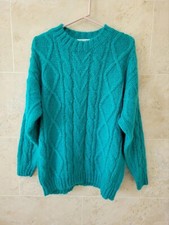 Vtg 1980s Limited Express Size S/M Oversize Mohair Blend Cable Knit Sweater Teal