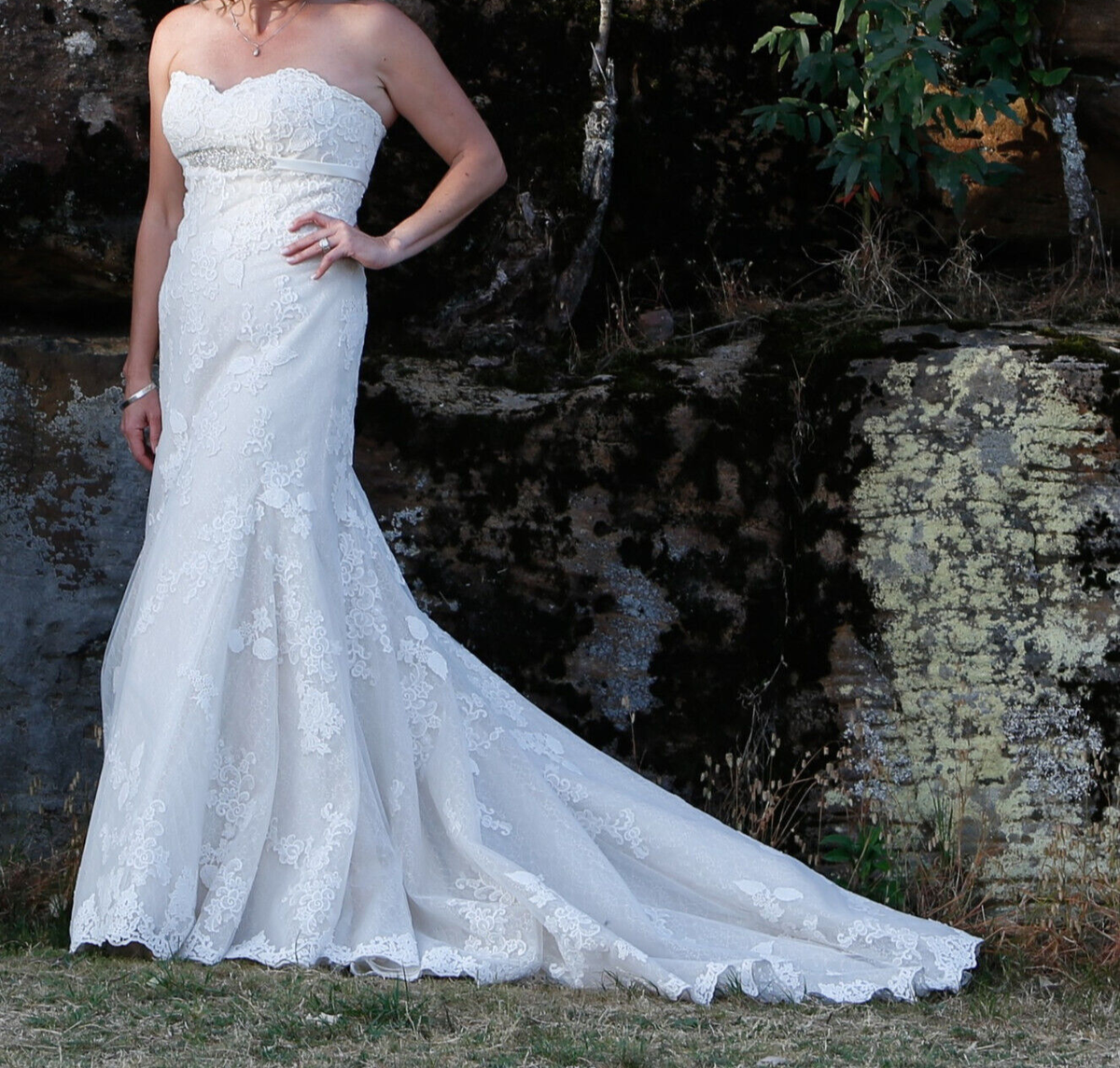 Pronovias Tessy Wedding Dress 6-10 Ivory Lace Champagne Underlay Strapless  | eBay