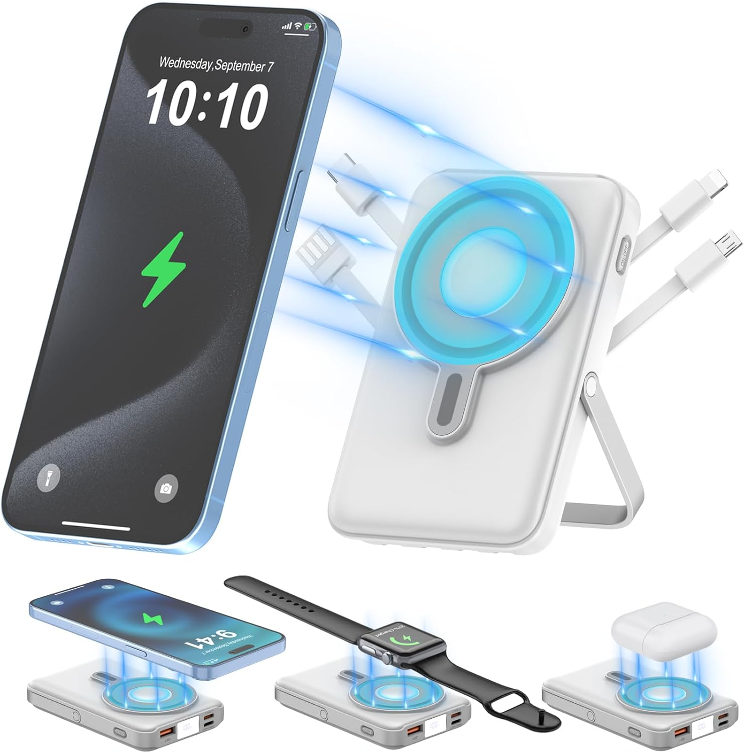 10000Mah Magnetic 3-in-1 Wireless Portable Charger with Built-In Cables