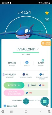 PVP BEAST!   LVL40 LEGENDARY KYOGRE w/2ºMOVE!!   - PKMN GO!!! - NOT REGISTERED