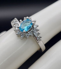 Sparkly Blue and Clear CZ Classic Design Sterling Silver 925 Ring Size 6