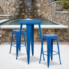 24'' Round Blue Metal Indoor-Outdoor Restaurant Bar Table Set w/2 Barstools