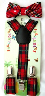 Christmas Boys Girls Red Plaid Snowflakes Adj Pre-Tied Bow Tie &YBack Suspenders