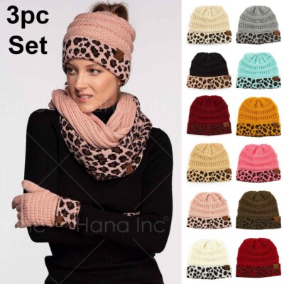 C.C 3pc Leopard Ponytail Messy Soft Warm Soft Knit Beanie  display picture 2