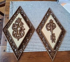 MCM Vintage Syroco Wood Look Key & Keyhole Diamond Shape Wall Plaques 14X8"