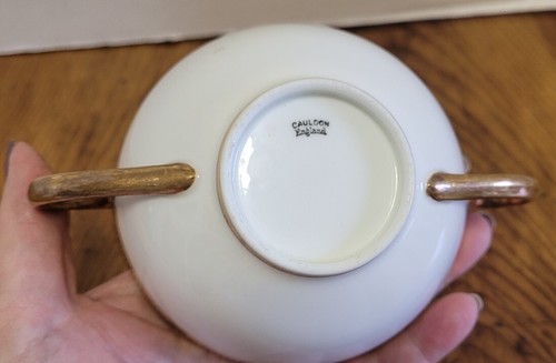 Caldero Inglaterra Porcelana Dos Manijas Taza de Caldo Sopa Tazón Llave Griega Borde Oro - Imagen 3 de 4