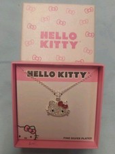 Hello Kitty Fine Silver Plated Necklace With Pave Crystal Kitty Pendant New...