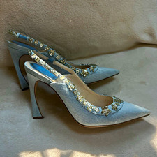 Christian Dior Blue Fabric Pointed Toe Slingback Jeweled Heels Sz 8 EU 38.5