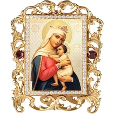 Virgin Hope Icon Jeweled Frame Crystals Glass 4" Ornament Orthodox