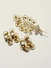 Vintage Gold Tone Milk Glass AB Rhinestone Swirl Metalwork Brooch Earrings Set