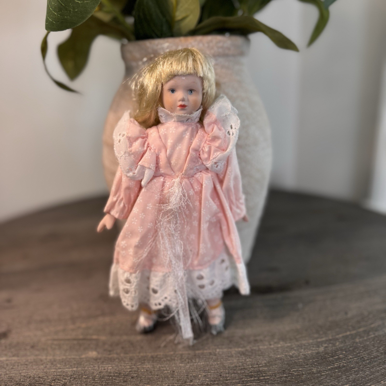 Vintage Porcelain Doll Blonde Blue Eyes Pink Floral Dress Lace Trim 8