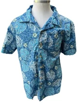 Barefoot In Paradise Blue Hawaiian Shirt Floral Leaves Allover Mens Large Cotton
