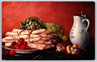 Artist M Billing~Artichokes Platter Still Life~Cherries~Mushrooms~Handle Pitcher