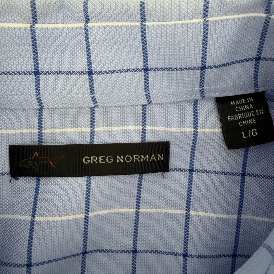 Greg Norman Mens Light Blue Grid Check Dress Shirt Large L G Button Up - Image 4 of 4