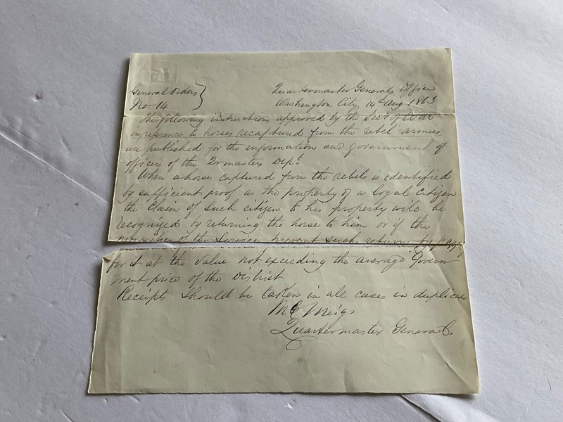 CIVIL WAR REBEL HORSES & LOYAL CITIZENS ORDERS SGN GENERAL MIEGS HAND WRITTEN