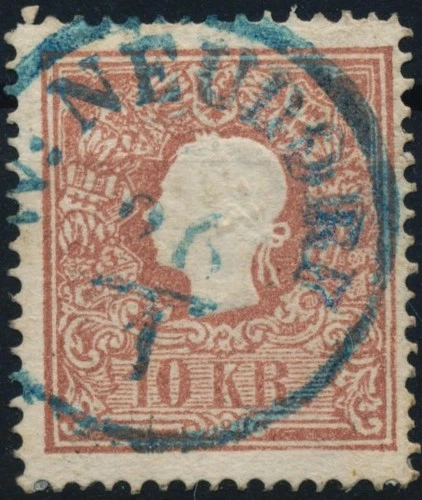AUSTRIA 1858 10kr, Type II. BLUE W:NEUDORF Mü:30P! Attractive!