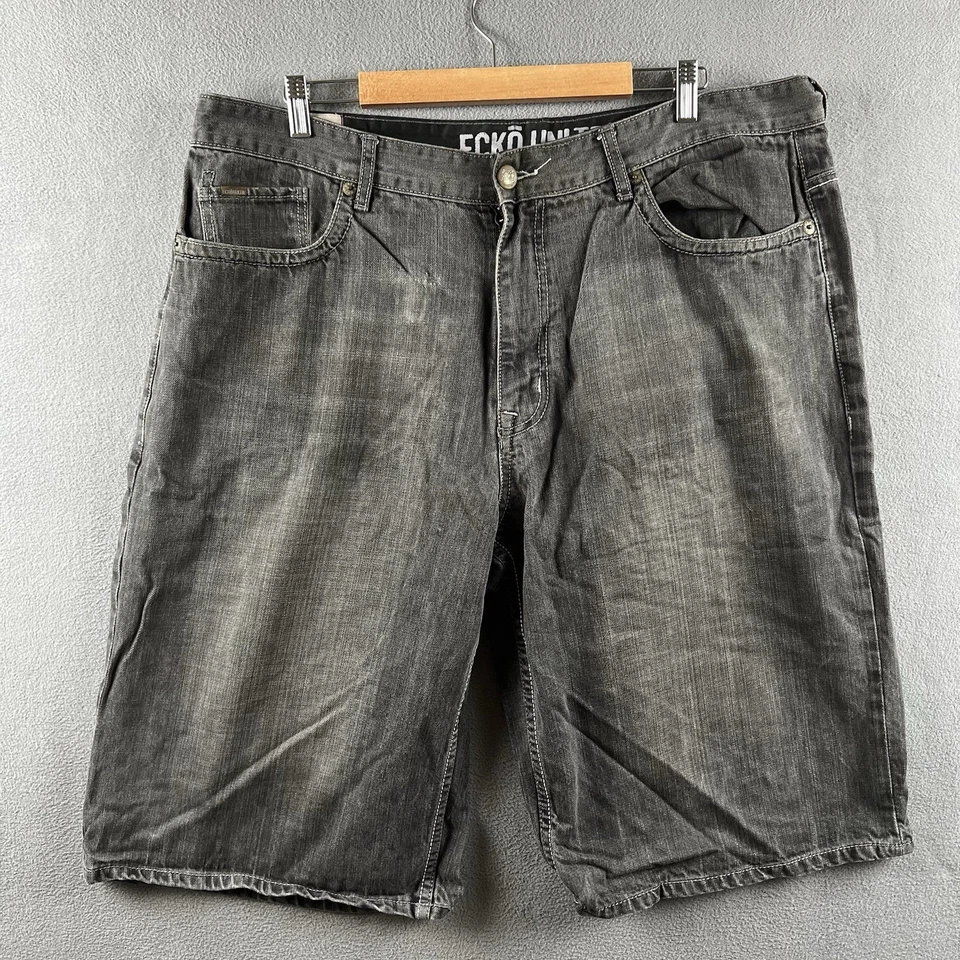 Pantalones Cortos Ecko Para Hombres 40 Gris Sueltos Denim Pantalones Cortos Y2K Bordados Calavera Alas De Colección Jnco Foto 4 de 4