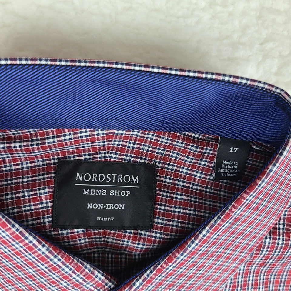 Camisa Nordstrom Para Hombres 17 Rojo Azul Cuadros Sin Hierro Ajuste Vestido Abotonado Foto 4 de 4