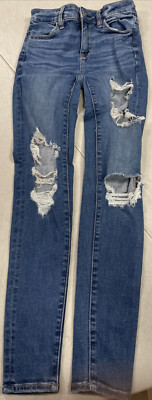 American Eagle Next Level Stretch Hi-Rise Jegging Distressed Jeans Blue Sz 00 R