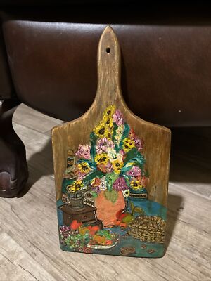 farmhouse country painting/collage/decoupage on a bread board 7x14,textured,orig