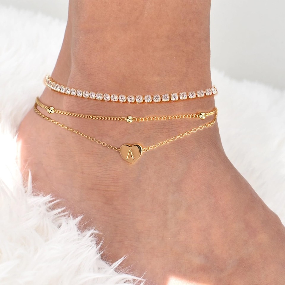 Gold Anklet Initial Heart Anklet Set 14K Gold Plated Layered S