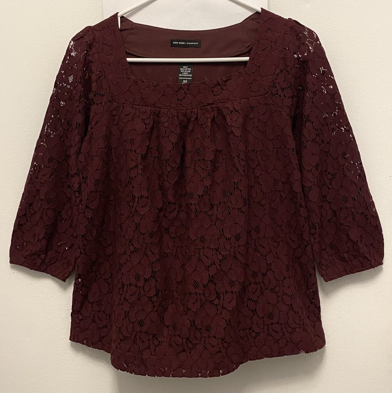 NWOT_New York & Company_Burgundy Floral Lace Shirt Top 3/4 Sleeve_Womens XS