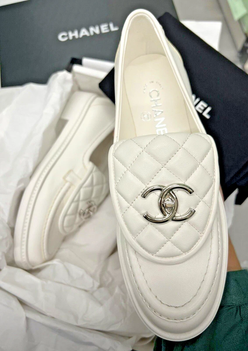 CHANEL Lambskin Quilted CC Turnlock Loafers 39 White 1043290