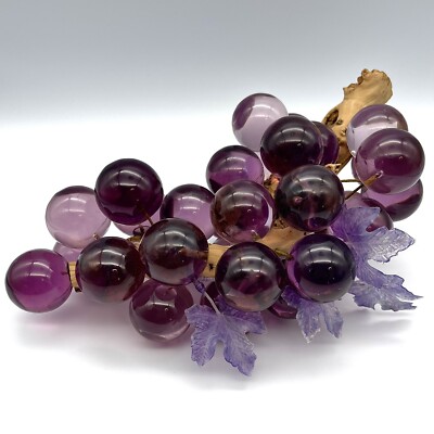 Retro Vintage MCM Mid Century Modern 32 Purple Lucite Grapes Bunch Wood Stem 13''