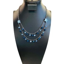 Dark Silvertone Blue Beaded Layered Necklace Floral 19" Lobster Clasp