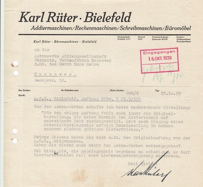 Bielefeld, letter 1939, Karl Rüter adders calculators