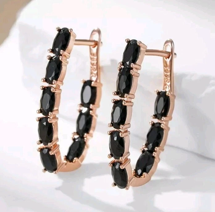 Luxus Ohrringe Creolen 585er Rolled Roségold Walzgold mit schwarzen Zirkonia - Bild 4 von 4