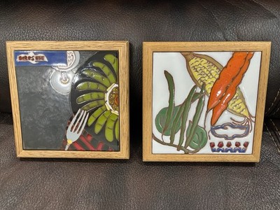 2 Handcrafted Ceramic Tile Wall Decor Trivet Art Glazed Kitchen Home Decor