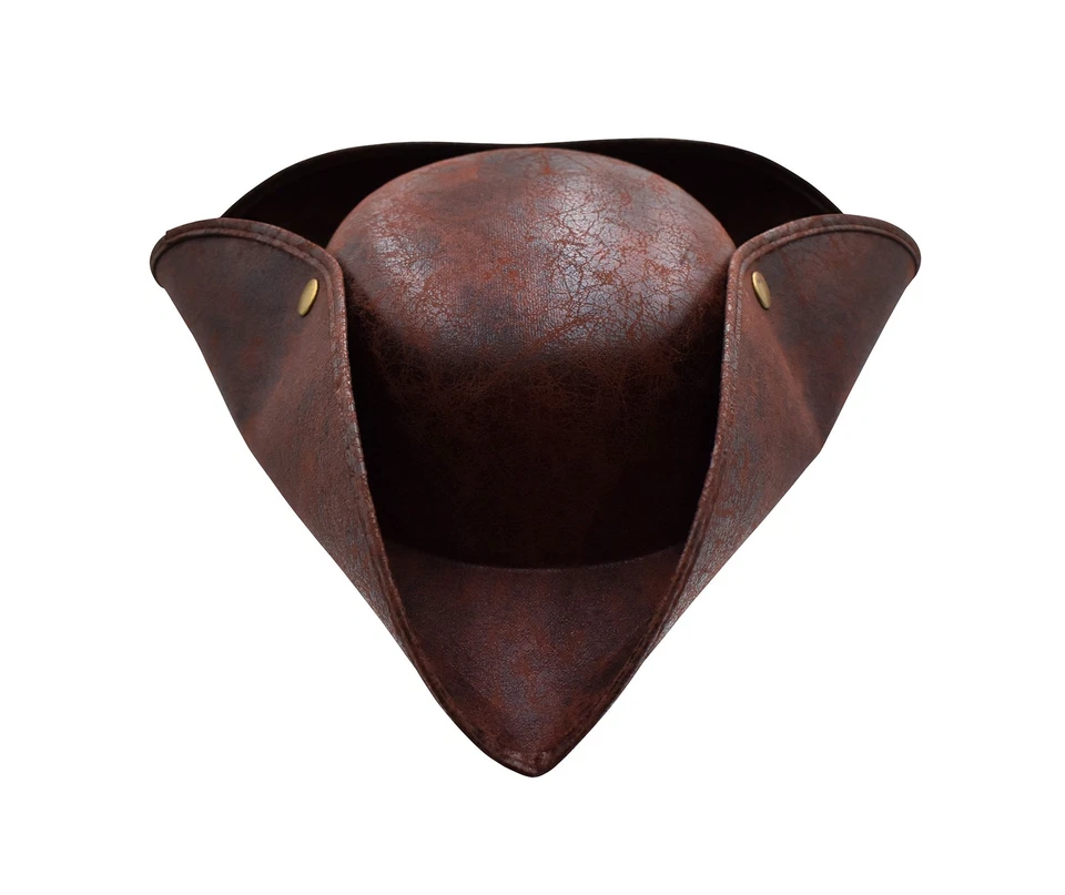 Adult Brown Distressed Wrinkle Leather Carribean Tricorn Pirate Hat Costume - Image 3 of 4