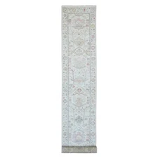 3'1"x22'4" White Angora Oushak Leaf Design Hand Knotted Wool Runner Rug G20408