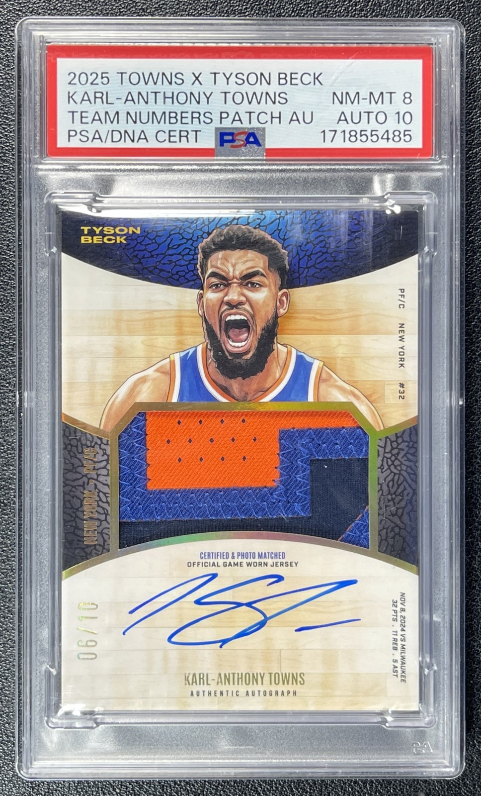 KARL-ANTHONY TOWNS PSA 8 2025 TYSON BECK TEAM NUMBERS GAME-DATED PATCH AUTO 6/10