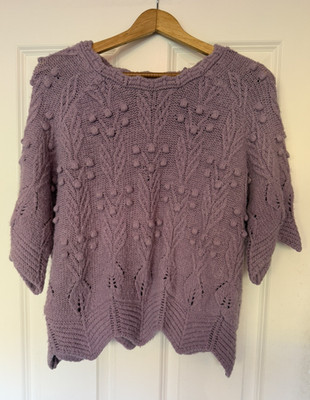 Zara Boucle Knit Sweater Lilac Purple Large Scalloped Hem Pom Pom Bobble Knit