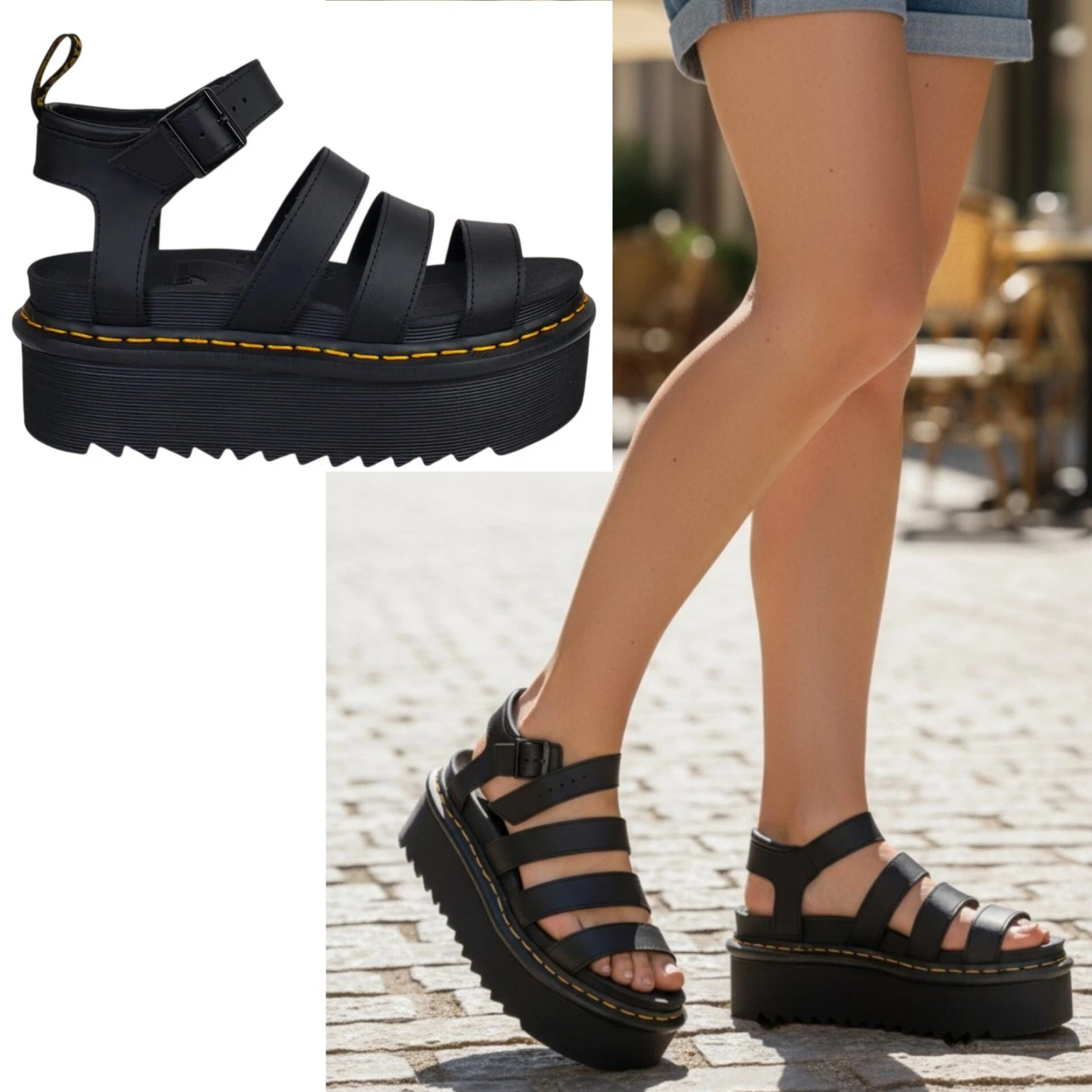 Dr Martens Blaire quad platform sandals black hydro leather strappy bohemian y2k