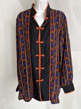 Bob Mackie Wearable Art 100 Silk Blouse w/ Frog Closures Size L Orange Black