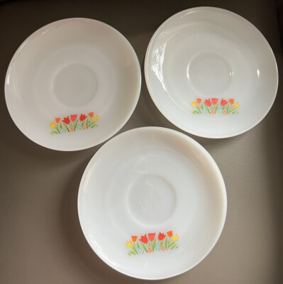 Fire King Milk Glass Floral Tulip Pattern Lot of 3 Dessert Saucer 6'' Plates 