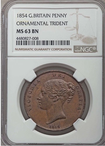 1854 Victoria Penny OT NGC MS63 BN Ornamental Trident Great Britain S-3948