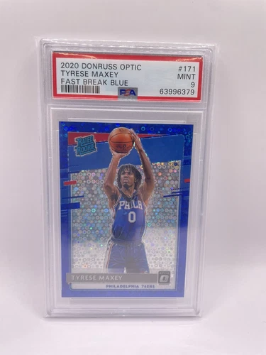 2020-21 Donruss Optic Fast Break Blue #171 Tyrese Maxey, Rookie, /50, PSA 9