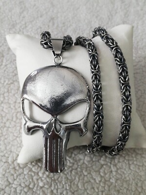 925 Solid Silver Punisher & Byzantine Oxidized Rope Chain Necklace 5mm 22'' New