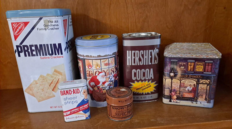 Lot of 6 Used Tins (Saltines, Hershey's Cocoa, Band-Aid, M&M, Snow-Proof,etc.)