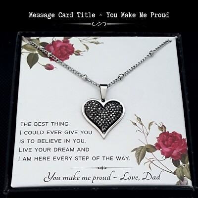 Gift From Dad For Daughter Stainless Steel Black Rhinestone Heart Necklace-Card