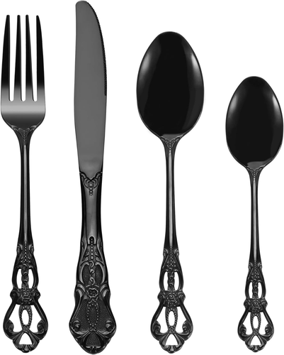 BEWOS set posate da 36 pezzi con coltelli da bistecca per 6 person, posate in acciaio inox nero, set di coltelli, cucchiai, forchette con lucidatura a specchio, lavabili in lavastoviglie