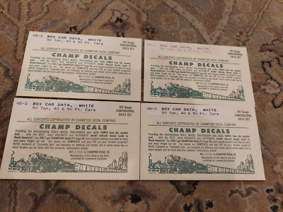 4 Pk Champion Decals HD-2 Box Car Data 50 Ton, 40 And 50 Ft Cars HO Gauge. White