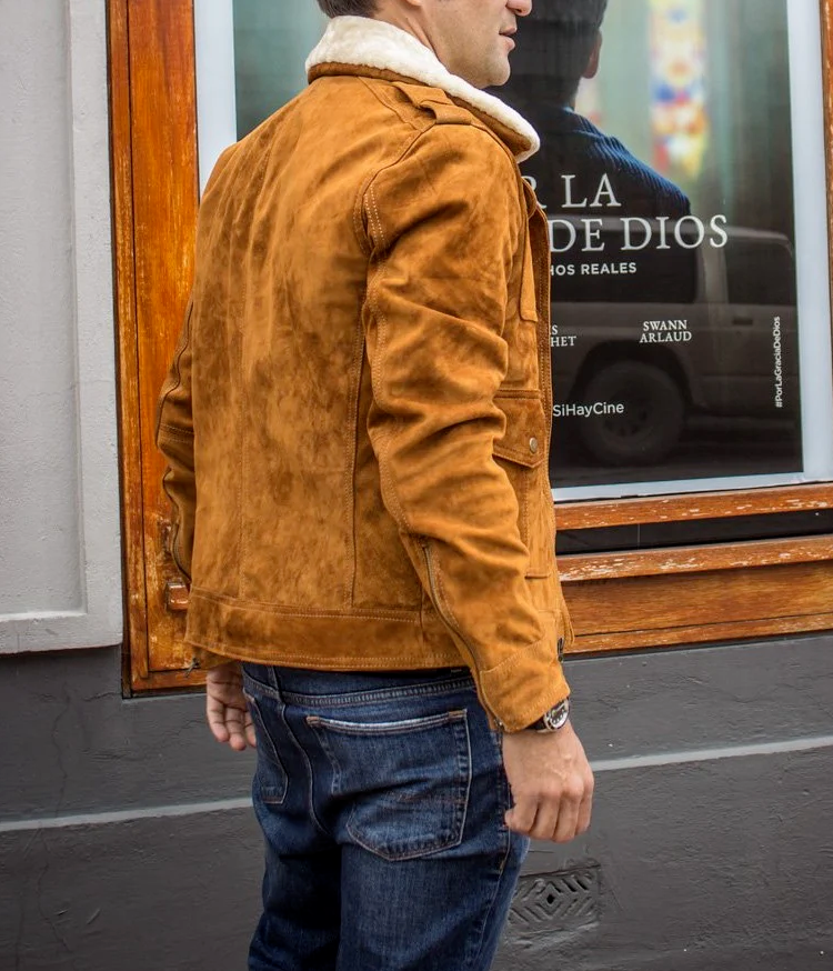 Brown Suede Leather Jacket Men with Fur Collar Size S M L XL XXL